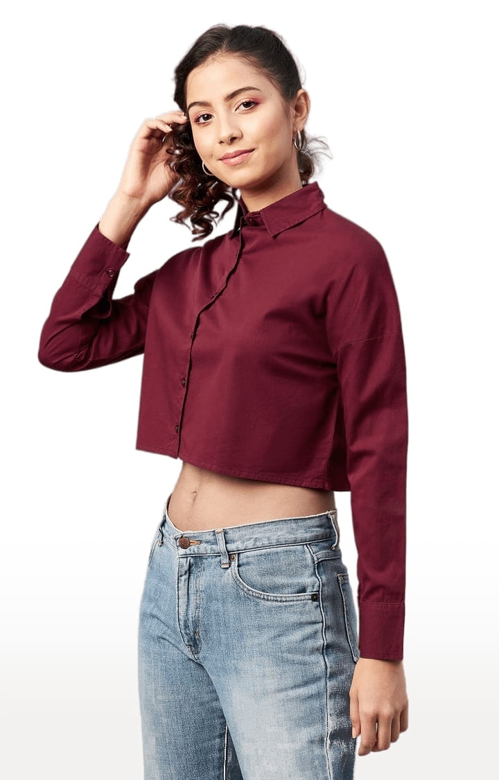CHIMPAAANZEE | Women's Maroon Cotton Solid Crop Shirt 3