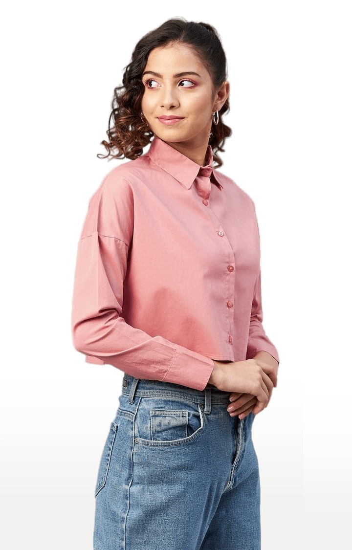 CHIMPAAANZEE | Women's Pink Cotton Solid Crop Shirt