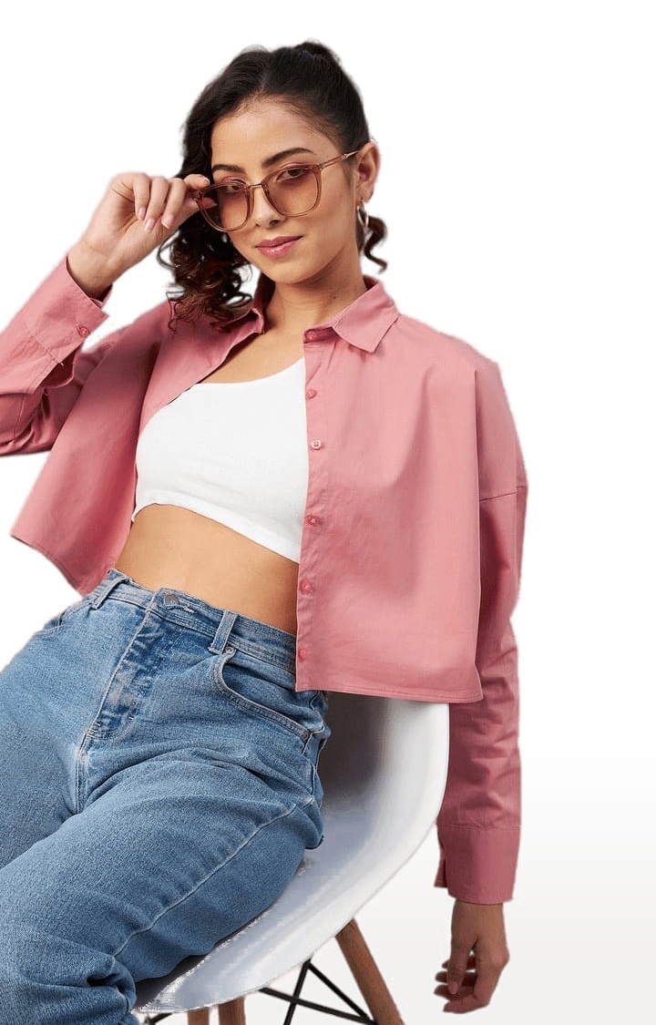 Women's Pink Cotton Solid Crop Shirt