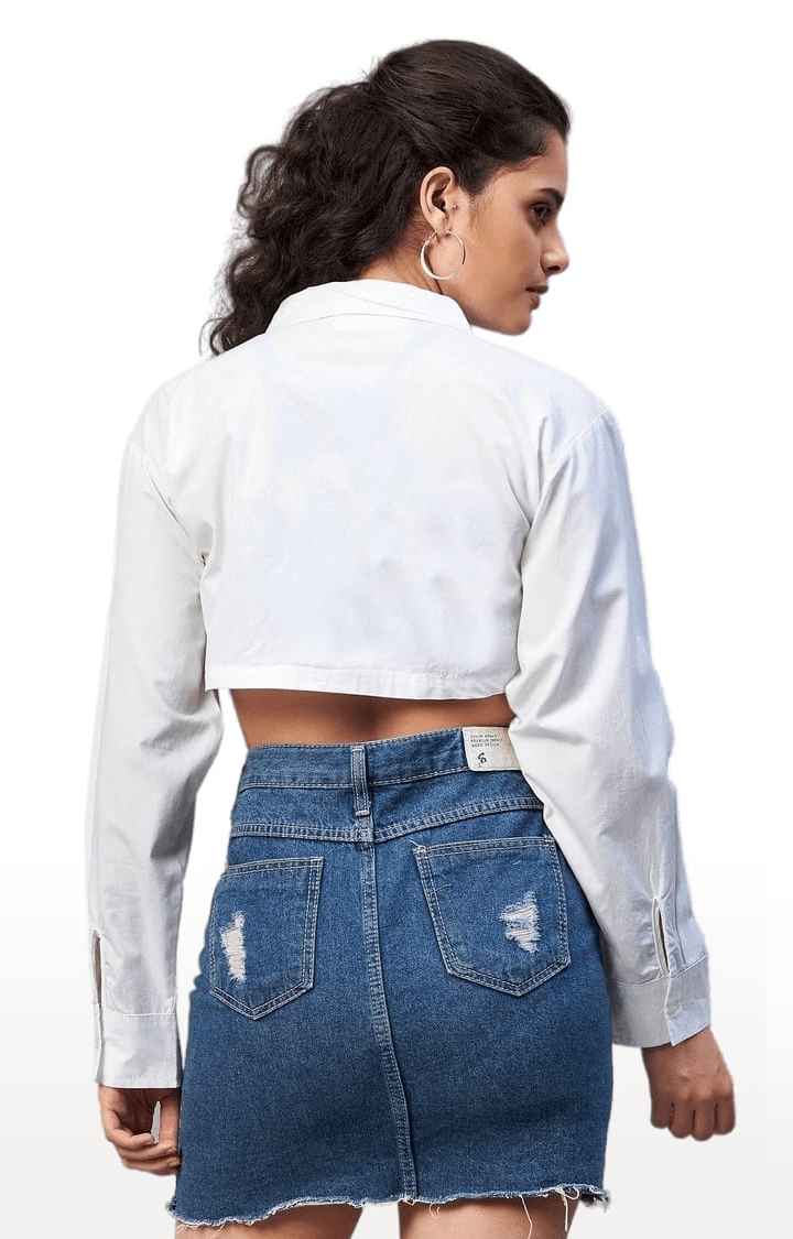 CHIMPAAANZEE | Women's White Cotton Solid Crop Shirt 4