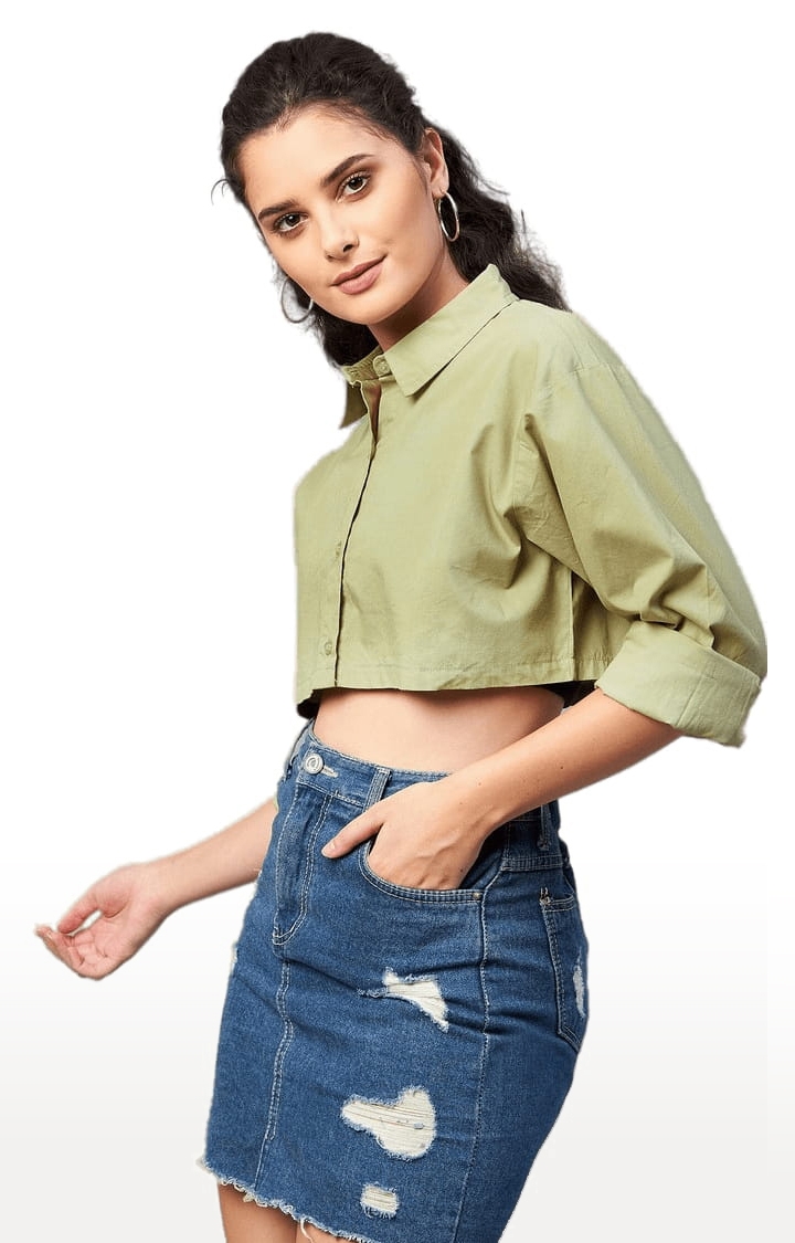 Women's Green Cotton Solid Crop Shirt