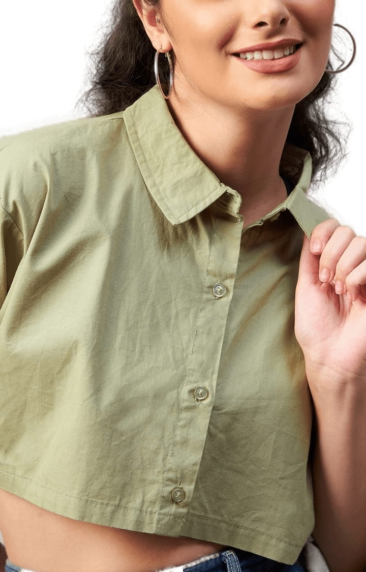 Women's Green Cotton Solid Crop Shirt