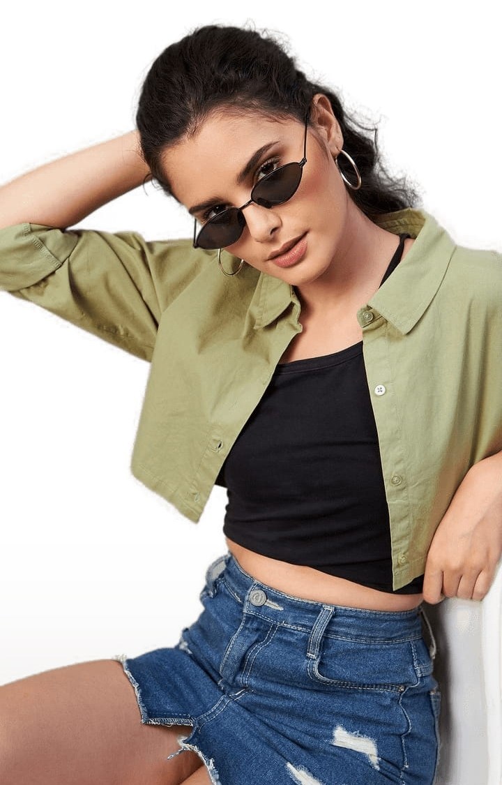 Women's Green Cotton Solid Crop Shirt