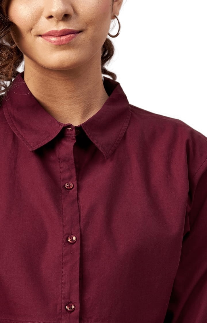 Women's Maroon Cotton Solid Crop Shirt