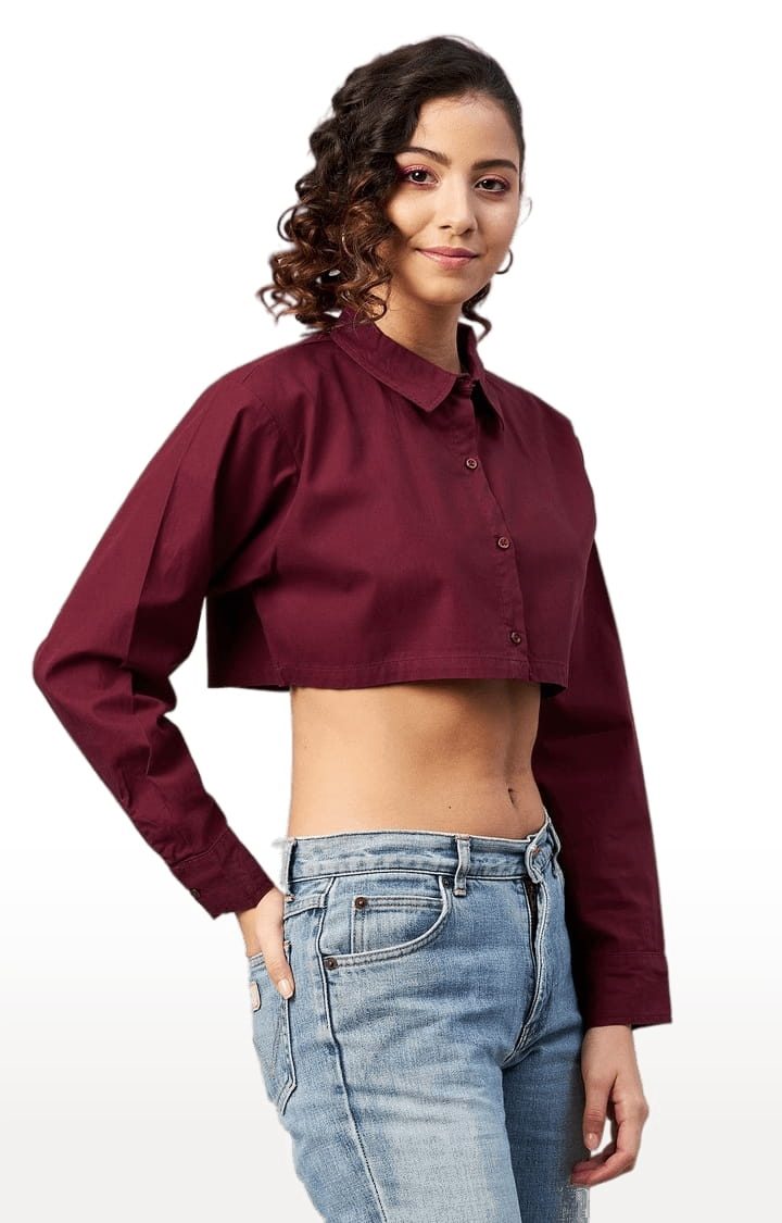 Women's Maroon Cotton Solid Crop Shirt