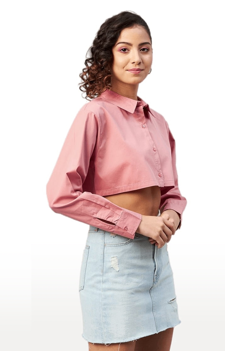 CHIMPAAANZEE | Women's Pink Cotton Solid Crop Shirt 2