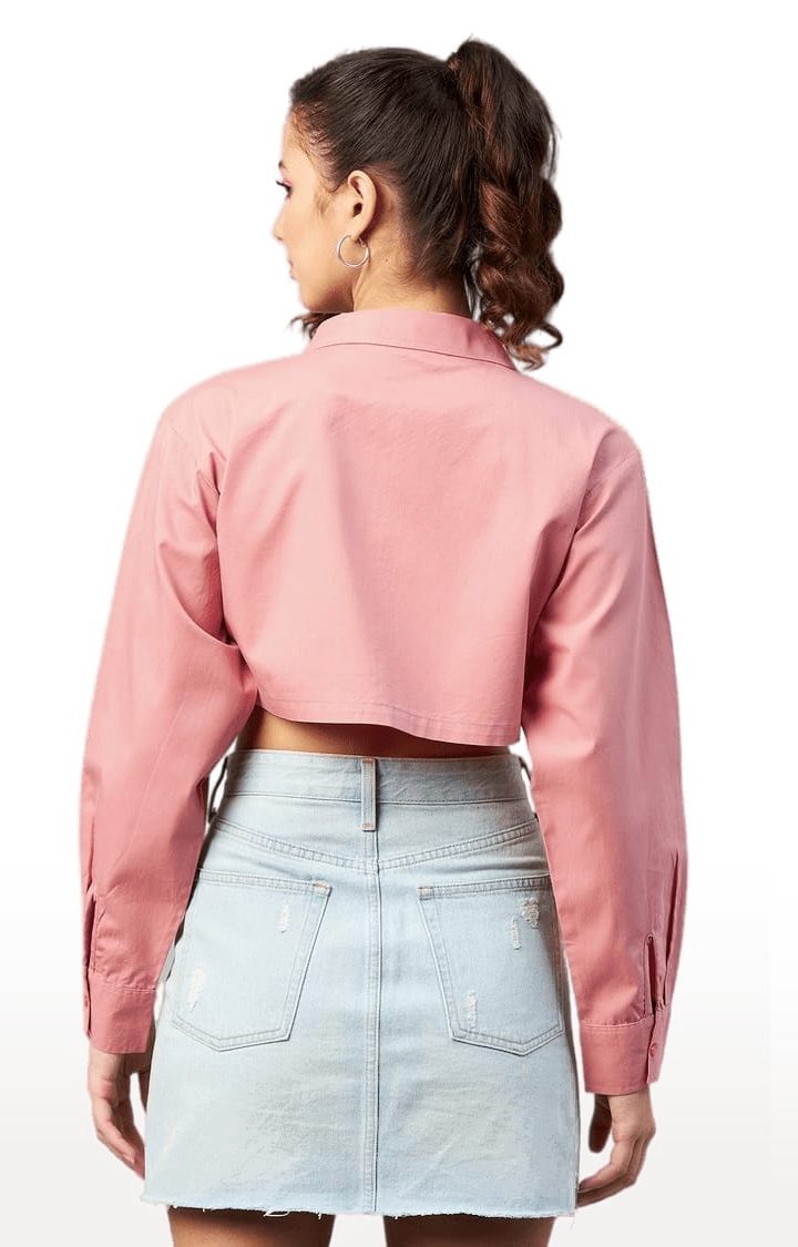 CHIMPAAANZEE | Women's Pink Cotton Solid Crop Shirt 3