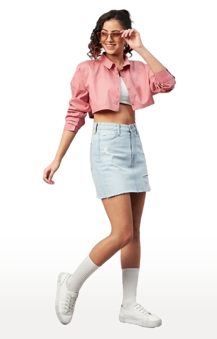 CHIMPAAANZEE | Women's Pink Cotton Solid Crop Shirt 1