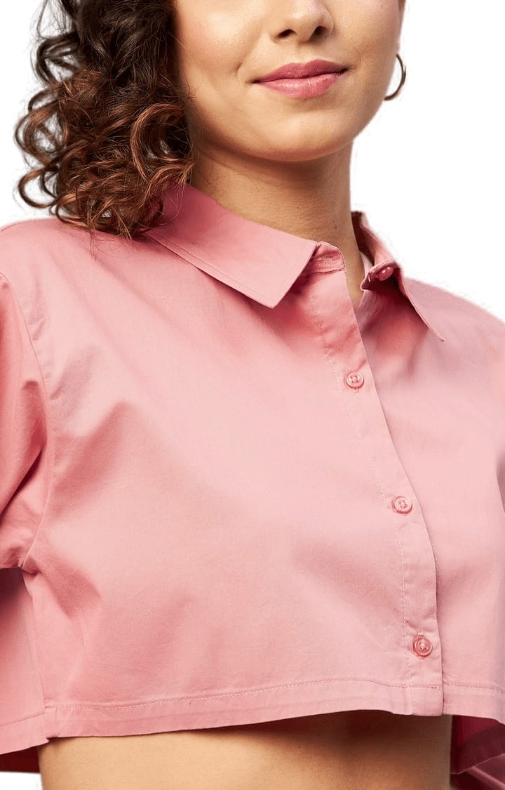 Women's Pink Cotton Solid Crop Shirt