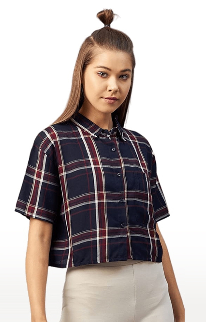 CHIMPAAANZEE | Women's Navy and Maroon Viscose Checked Crop Shirt