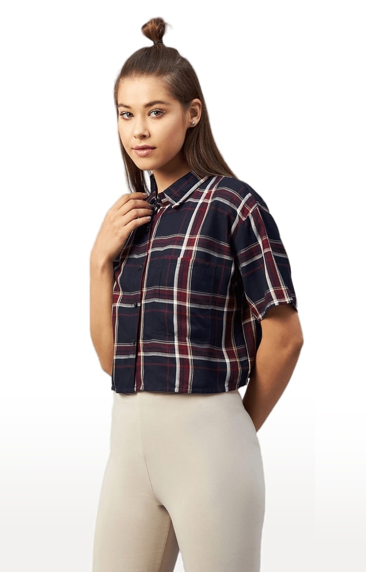 Women's Navy and Maroon Viscose Checked Crop Shirt