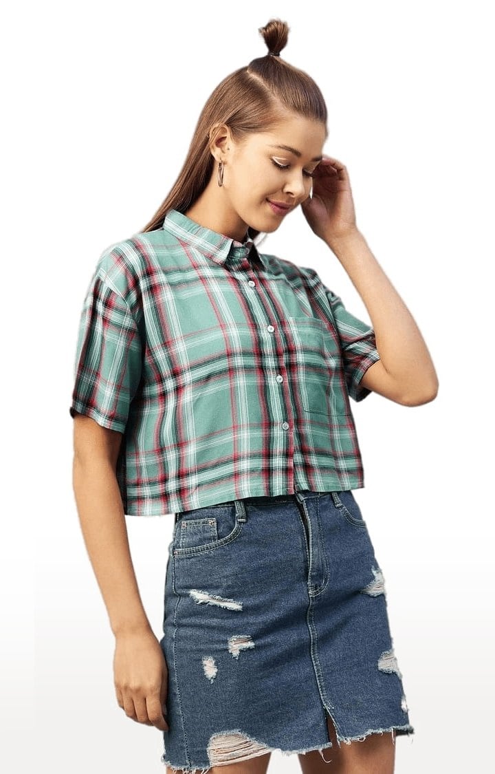 Women's Green and Red Viscose Checked Crop Shirt