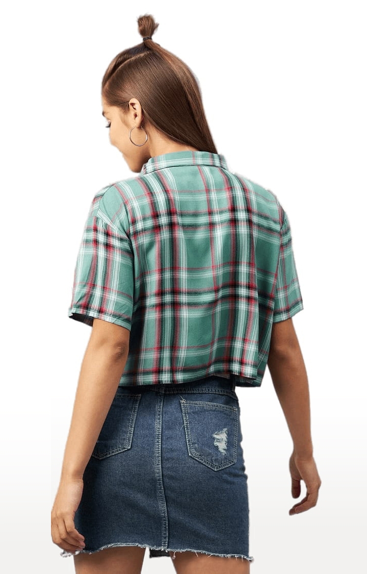 Women's Green and Red Viscose Checked Crop Shirt