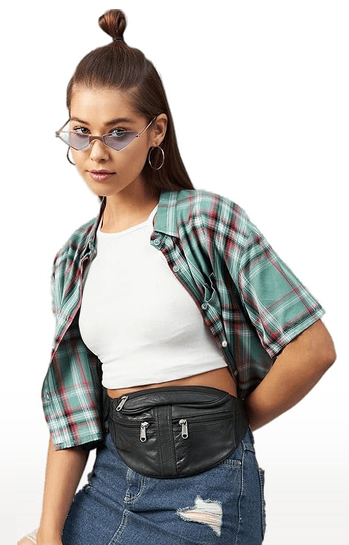 Women's Green and Red Viscose Checked Crop Shirt