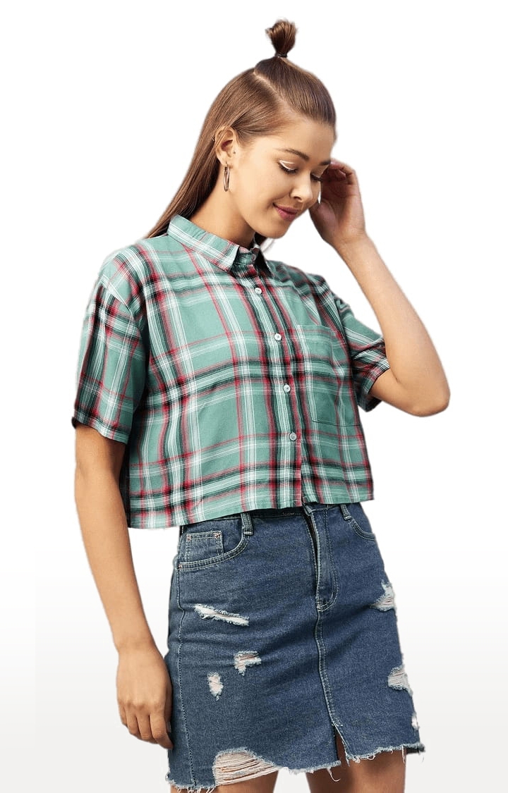 CHIMPAAANZEE | Women's Green and Red Viscose Checked Crop Shirt