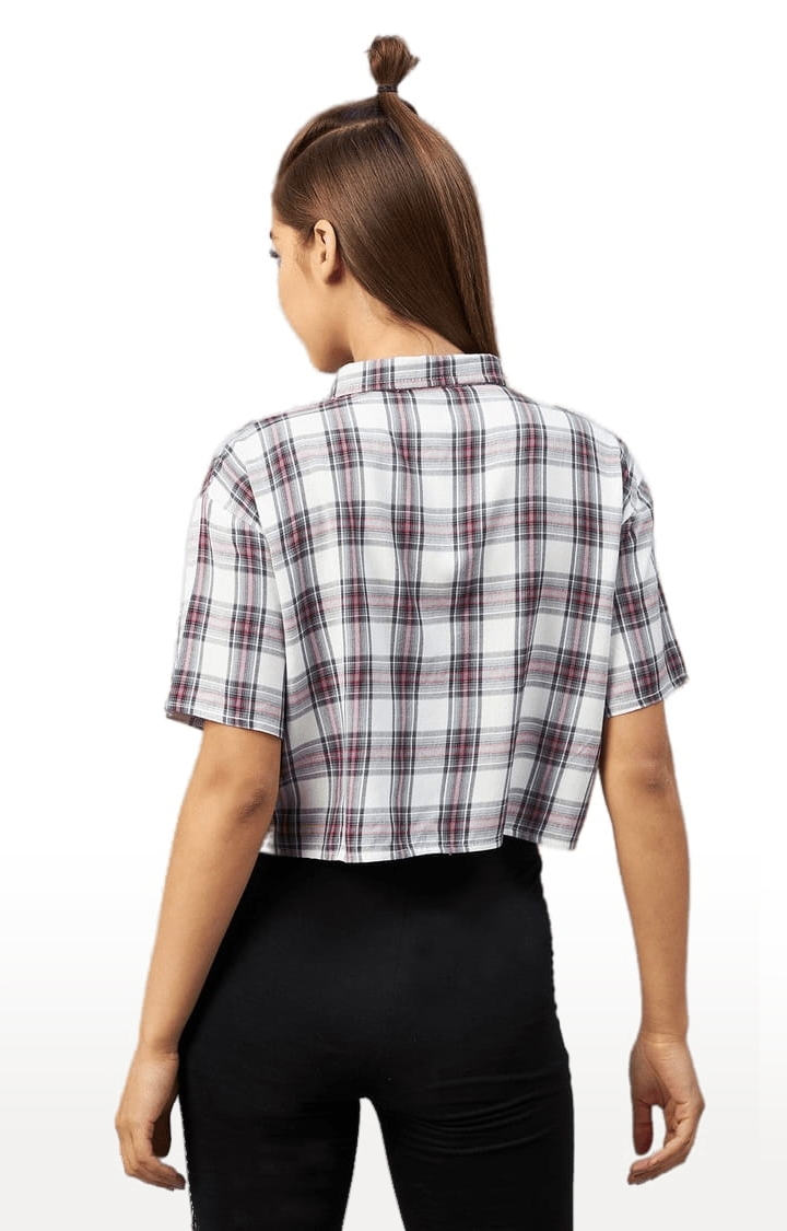 Women's White and Grey Viscose Checked Crop Shirt