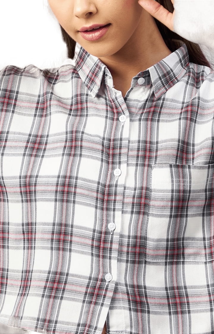 Women's White and Grey Viscose Checked Crop Shirt
