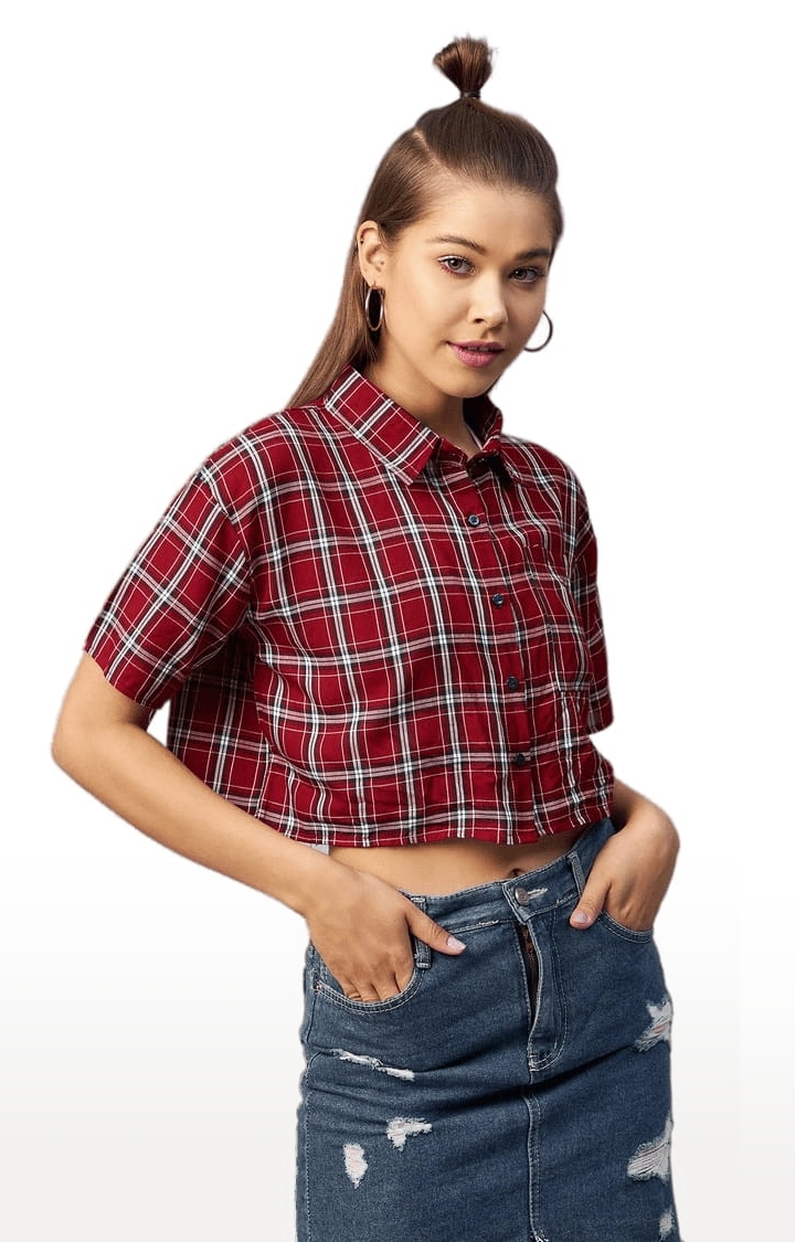 Women's Red and White Viscose Checked Crop Shirt