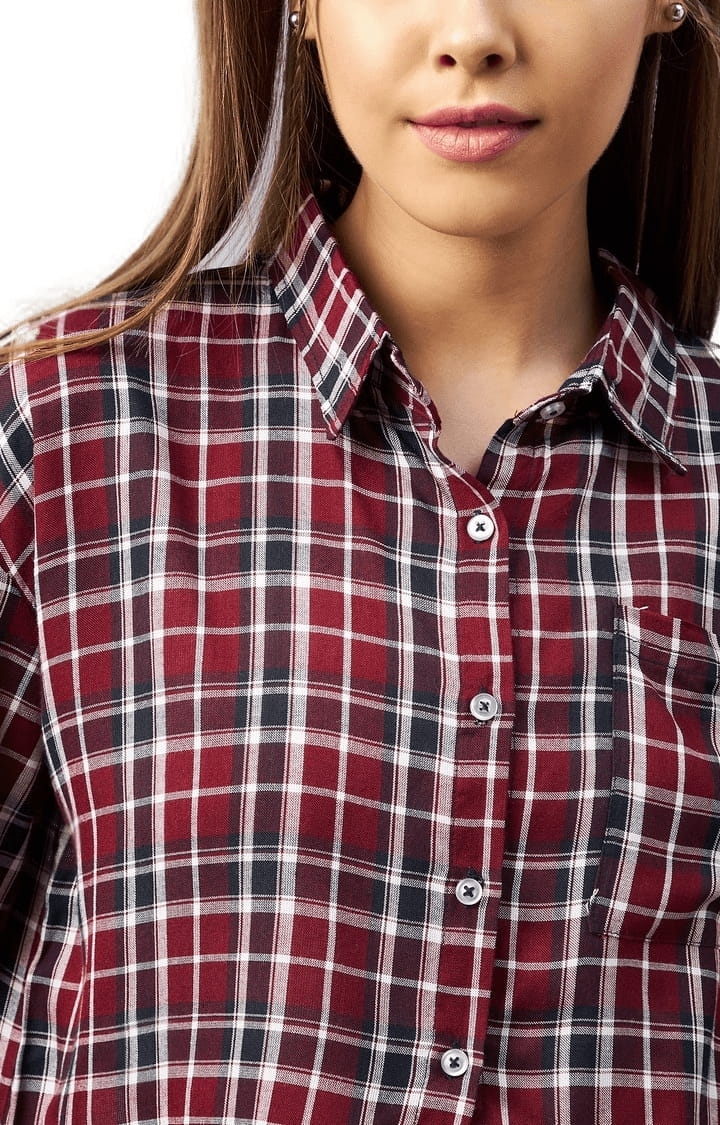 Women's Maroon and White Viscose Checked Crop Shirt