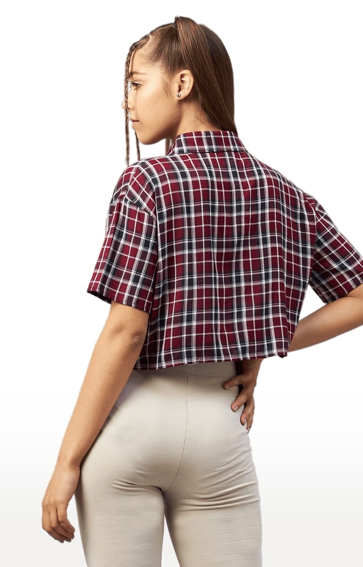 Women's Maroon and White Viscose Checked Crop Shirt