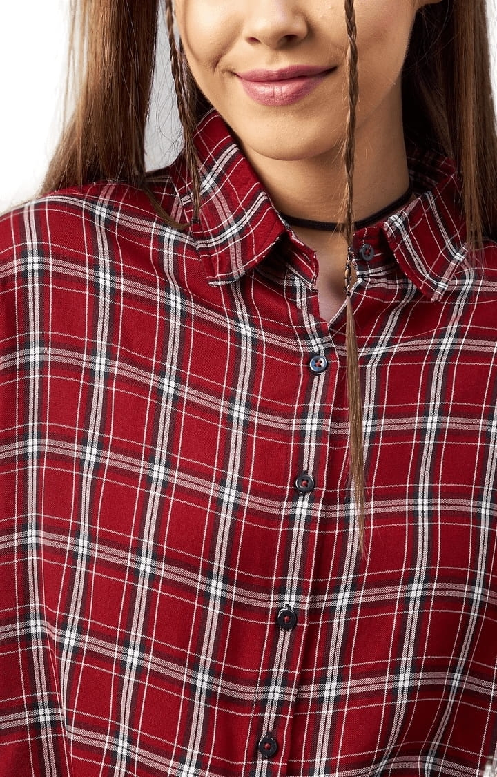 CHIMPAAANZEE | Women's Red and White Viscose Checked Crop Shirt 5