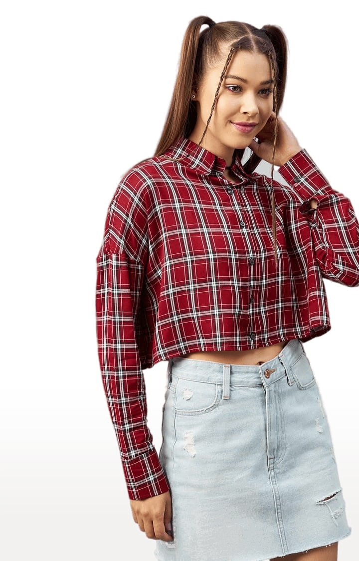 CHIMPAAANZEE | Women's Red and White Viscose Checked Crop Shirt 0