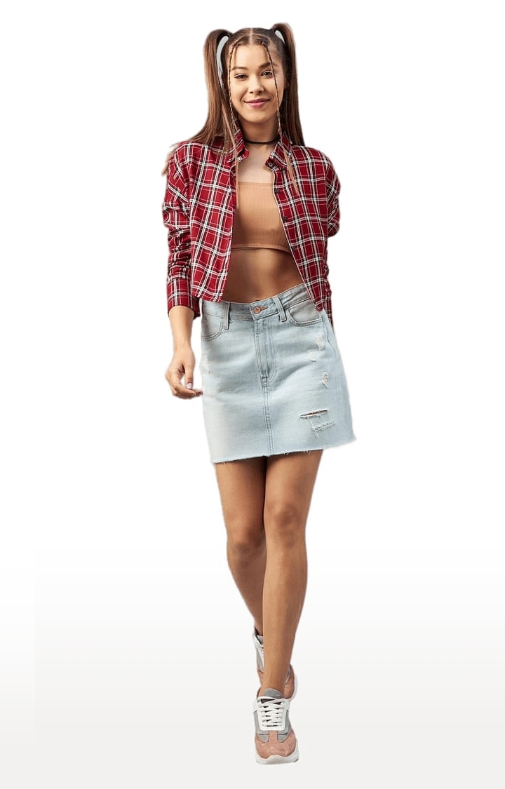 CHIMPAAANZEE | Women's Red and White Viscose Checked Crop Shirt 1