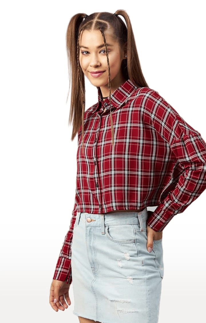 CHIMPAAANZEE | Women's Red and White Viscose Checked Crop Shirt 2