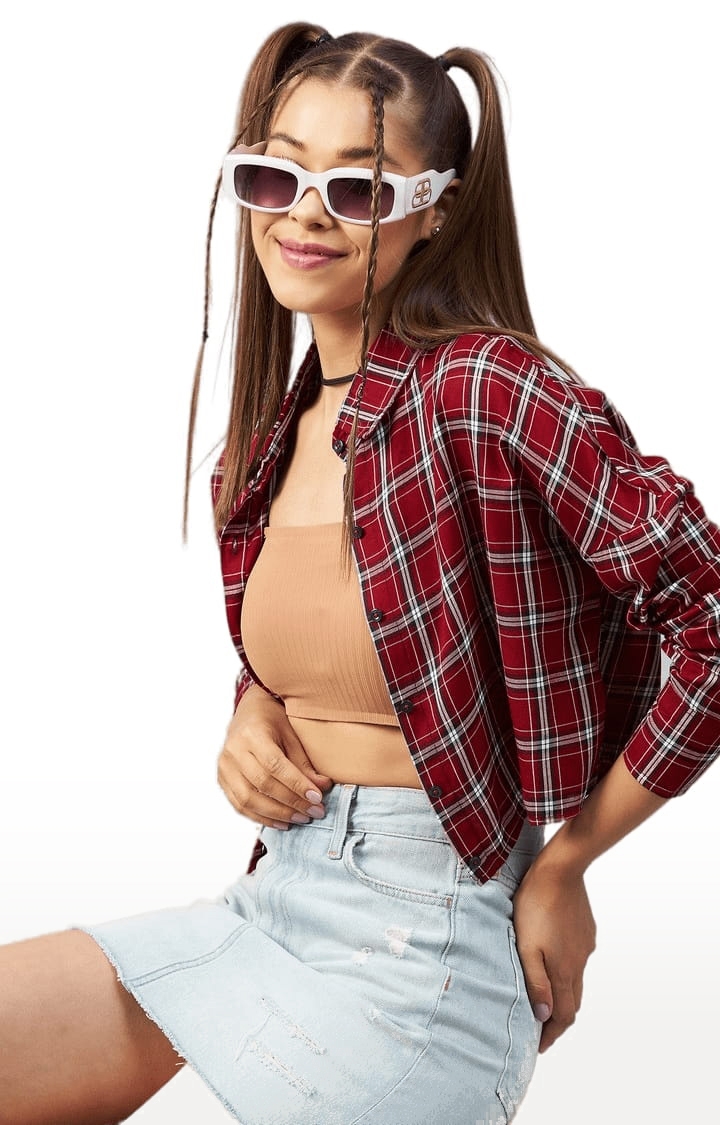 CHIMPAAANZEE | Women's Red and White Viscose Checked Crop Shirt 4