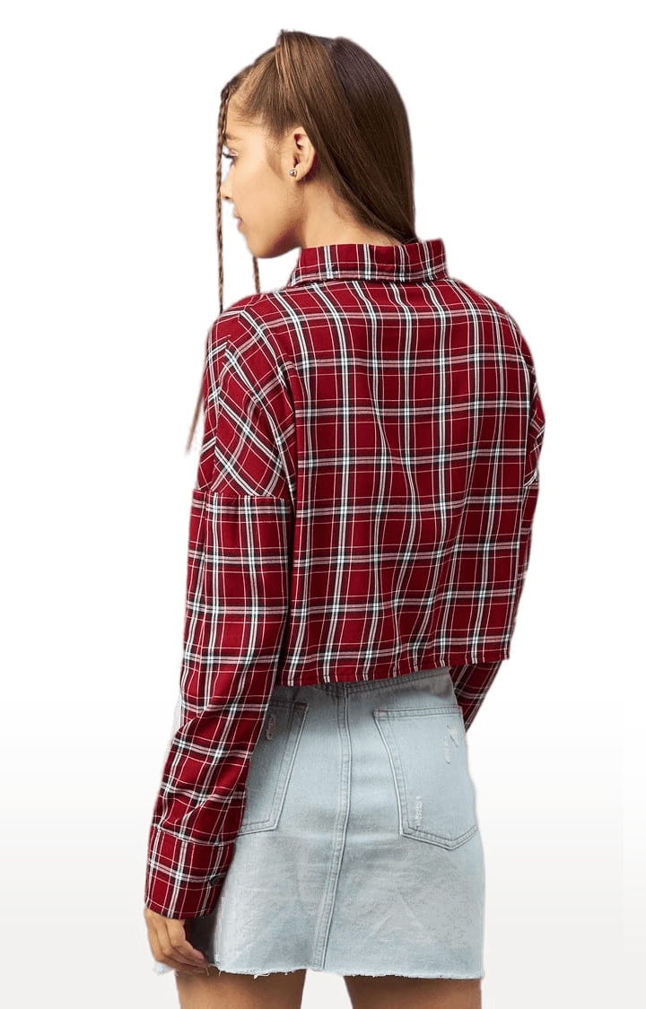 CHIMPAAANZEE | Women's Red and White Viscose Checked Crop Shirt 3