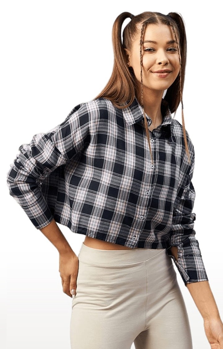 Women's Navy and White Viscose Checked Crop Shirt