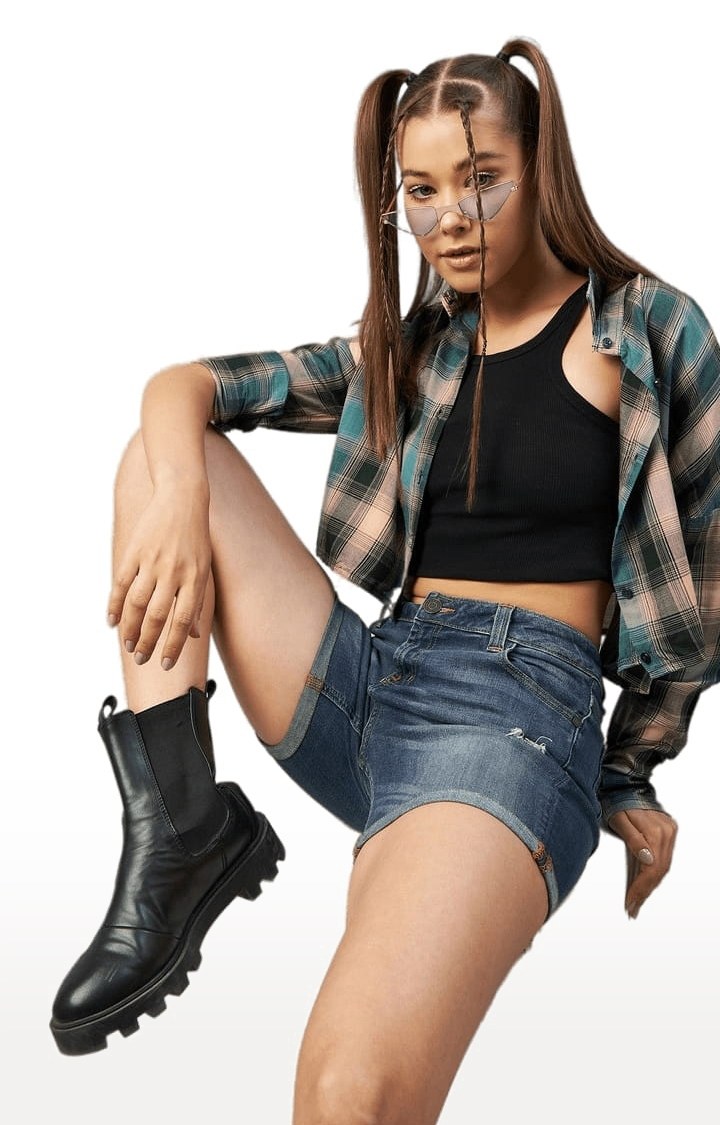 Women's Green and Pink Viscose Checked Crop Shirt