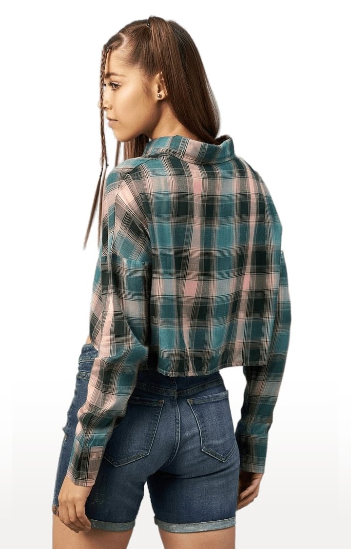 Women's Green and Pink Viscose Checked Crop Shirt
