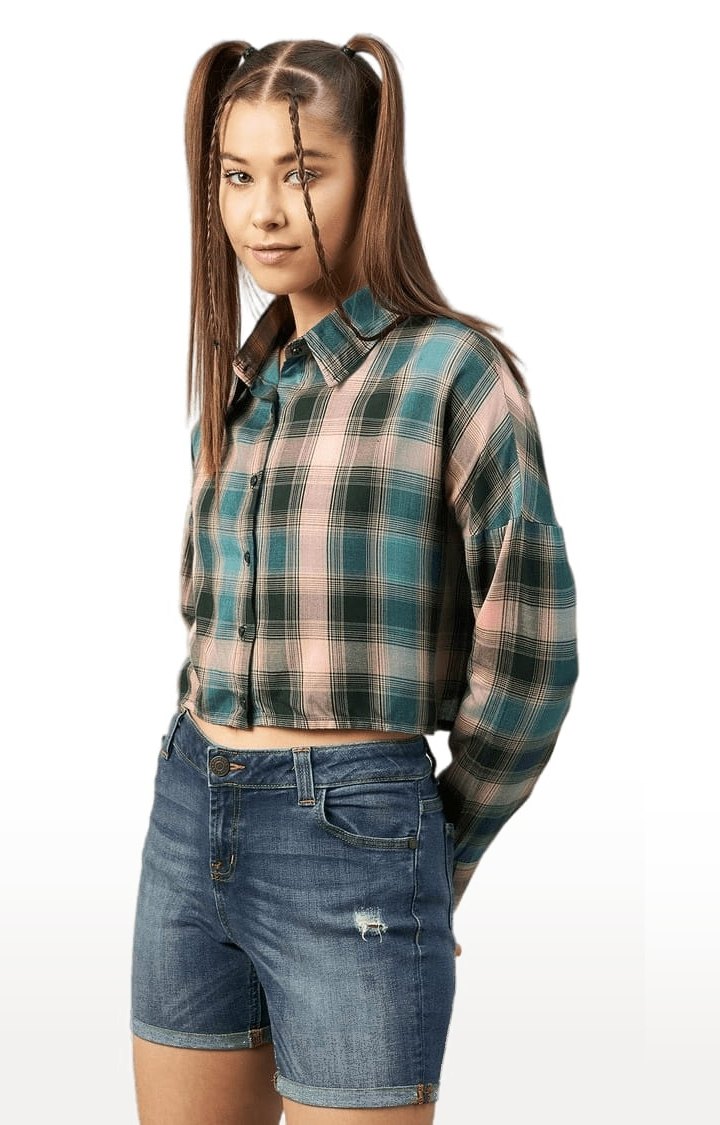 Women's Green and Pink Viscose Checked Crop Shirt