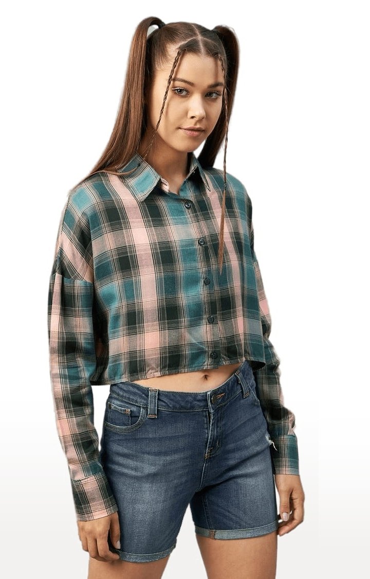 Women's Green and Pink Viscose Checked Crop Shirt