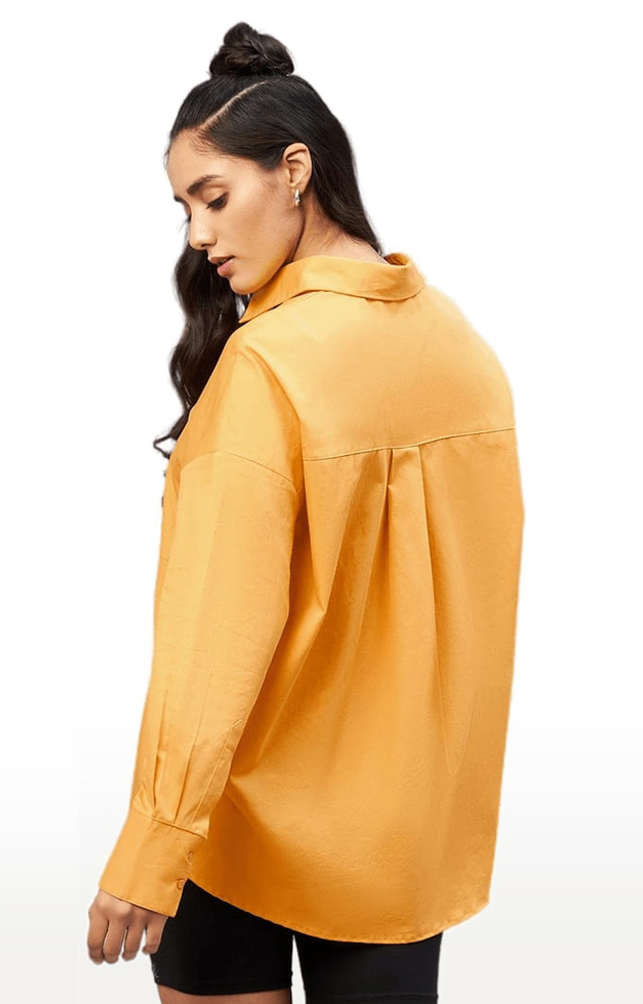 Women's Mustard Cotton Solid Casual Shirts