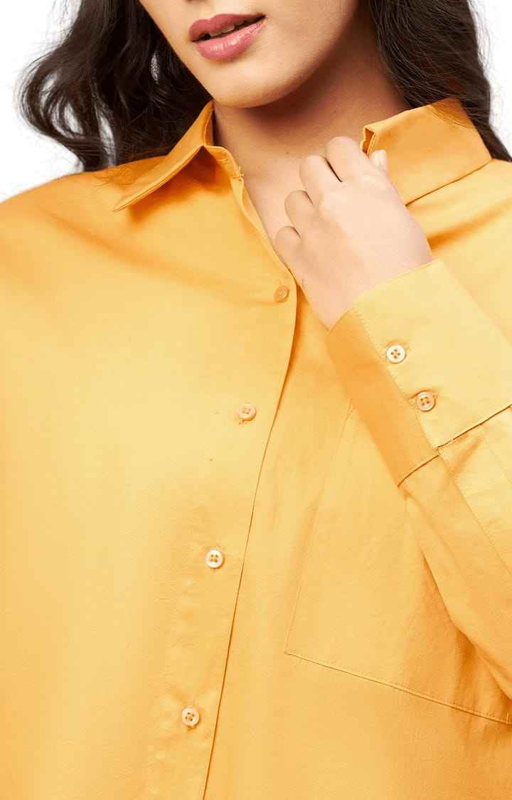 Women's Mustard Cotton Solid Casual Shirts