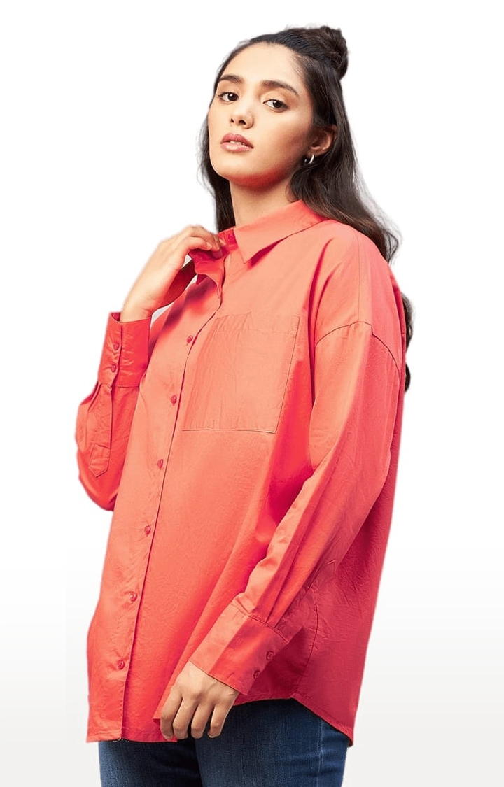 Women's Orange Cotton Solid Casual Shirts