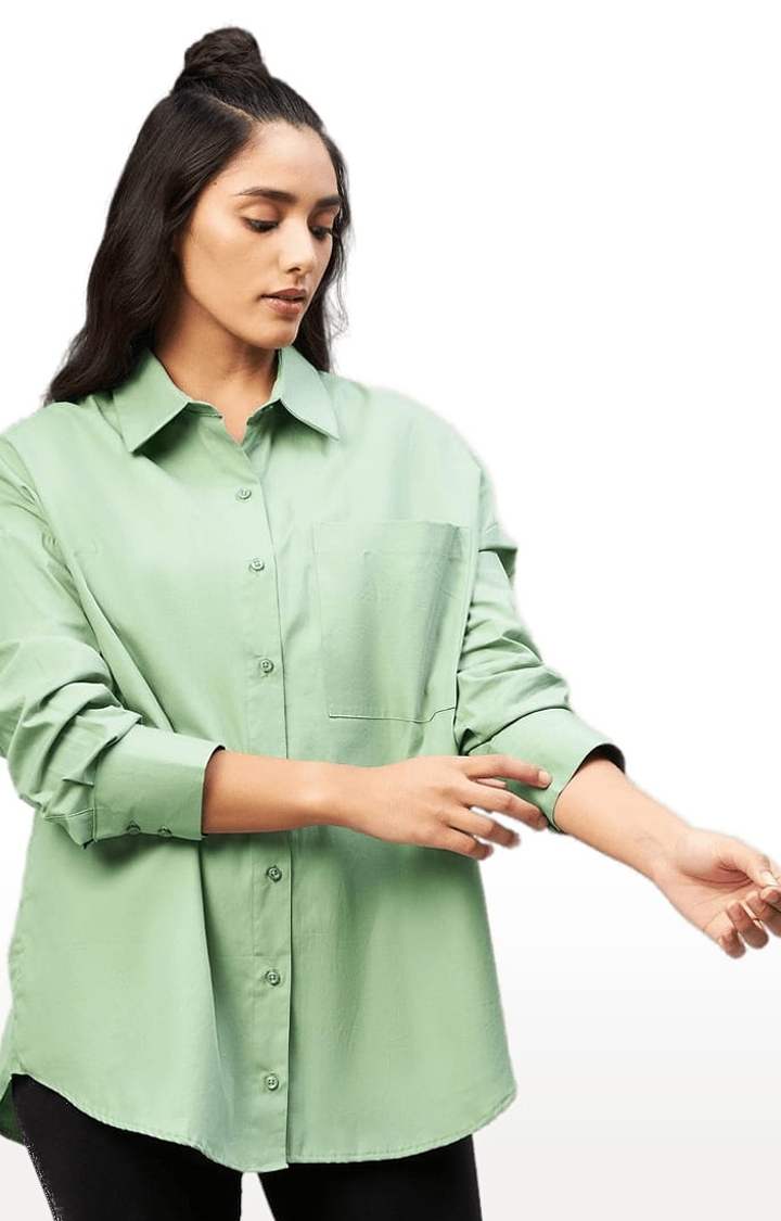 Women's Green Cotton Solid Casual Shirts