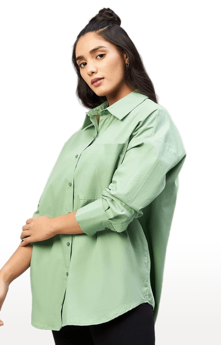Women's Green Cotton Solid Casual Shirts