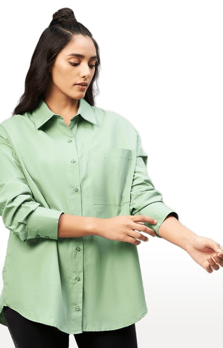 CHIMPAAANZEE | Women's Green Cotton Solid Casual Shirts