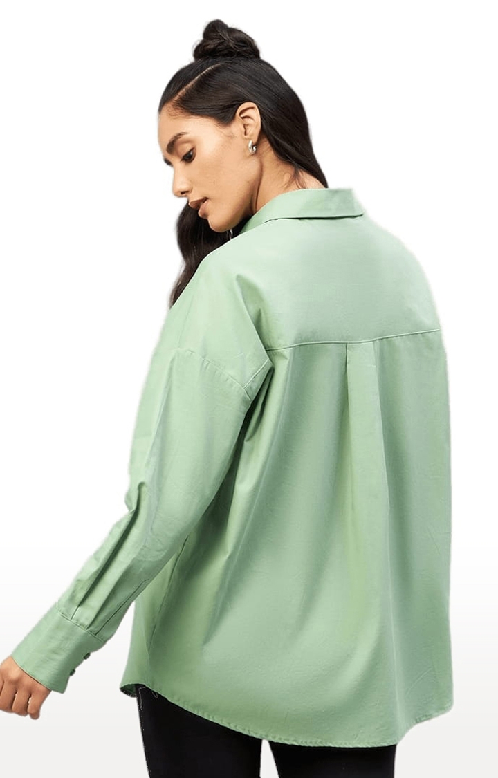 Women's Green Cotton Solid Casual Shirts