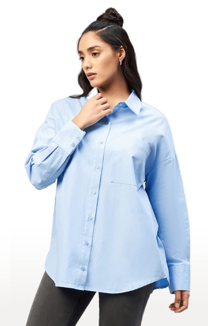 CHIMPAAANZEE | Women's Light Blue Cotton Solid Casual Shirts