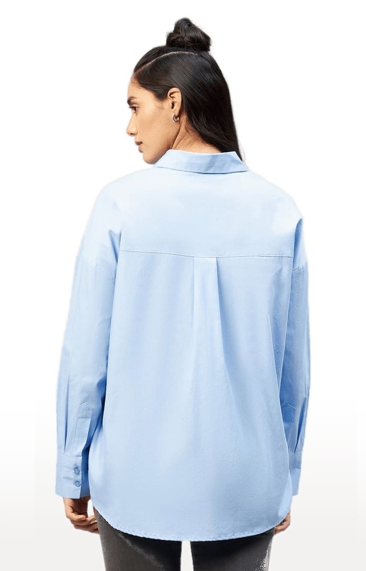 Women's Light Blue Cotton Solid Casual Shirts