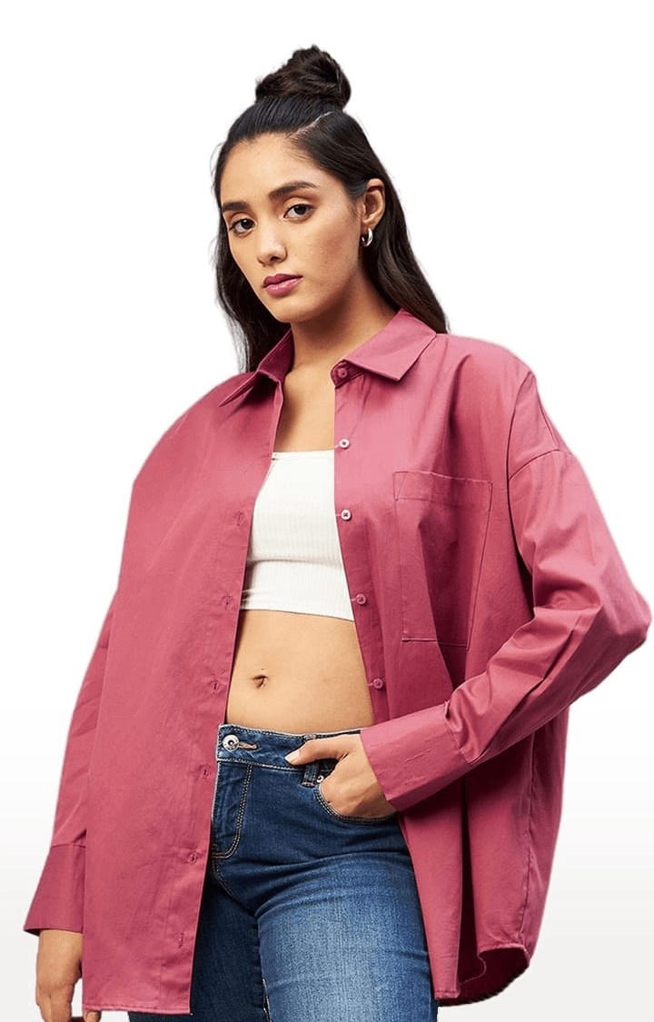 Women's Wine Cotton Solid Casual Shirts
