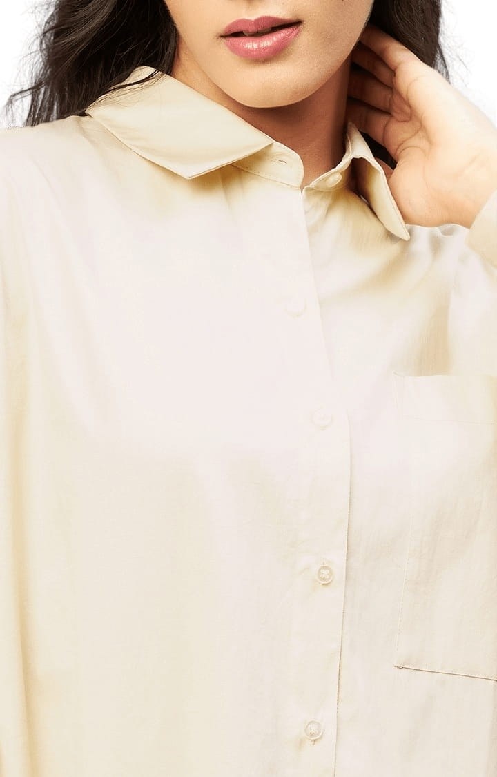 Women's Beige Cotton Solid Casual Shirts