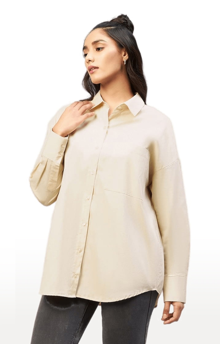 CHIMPAAANZEE | Women's Beige Cotton Solid Casual Shirts 0