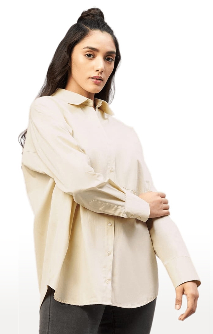 Women's Beige Cotton Solid Casual Shirts