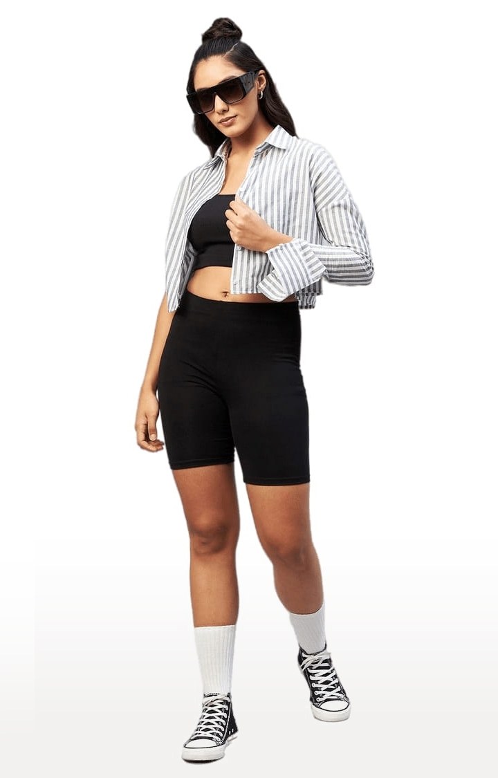 Women's Grey and White Viscose Striped Crop Shirt