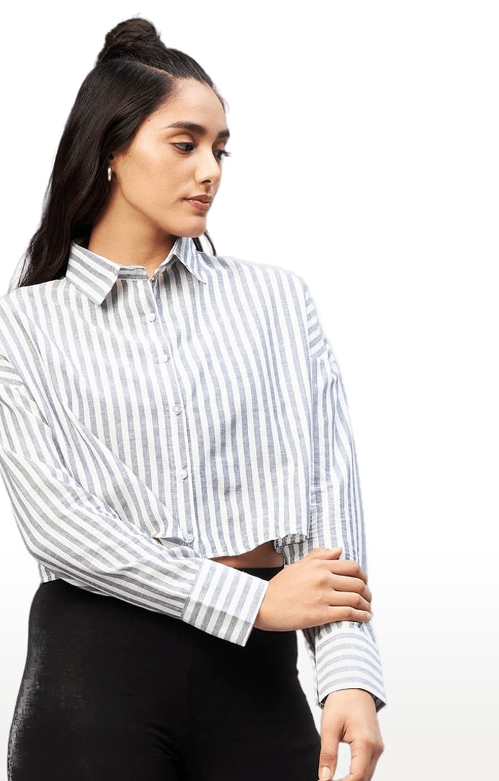 CHIMPAAANZEE | Women's Grey and White Viscose Striped Crop Shirt